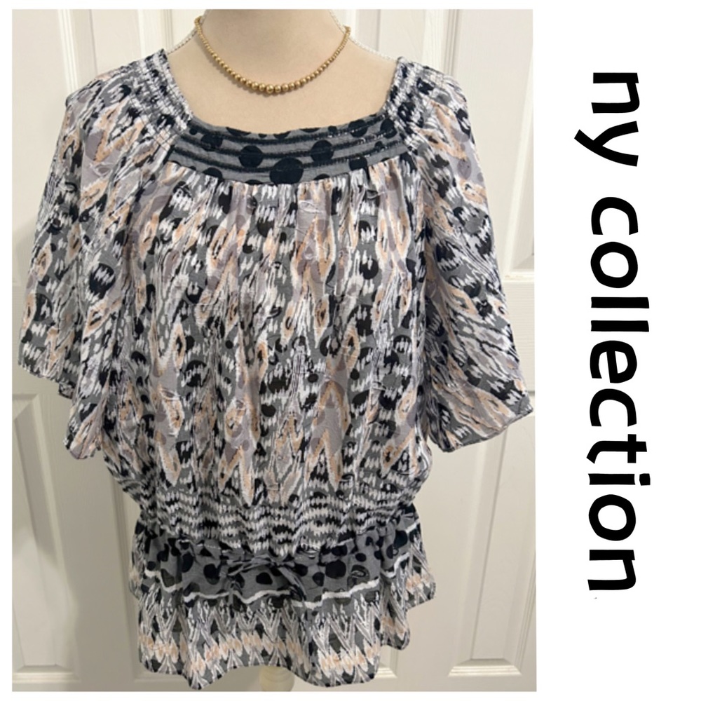 ny collection, Multi Colored, Adjustable Bottom Tie, Short Sleeve Tunic Top